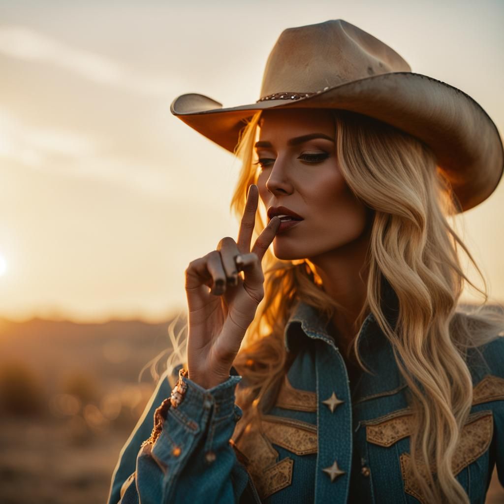 Cowgirl with Smoking Finger in Western Sunset