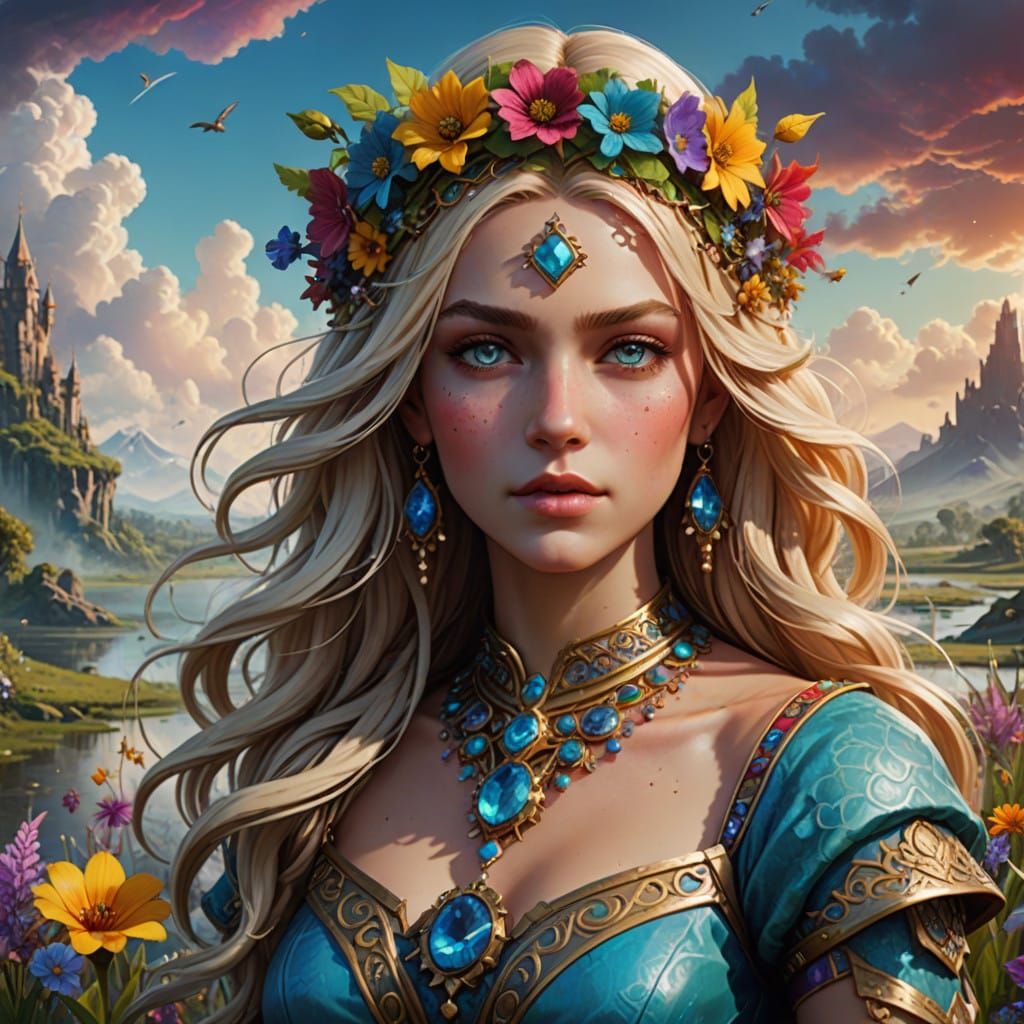 A stunning, close portrait of Antheia, Goddess of gardens, f...