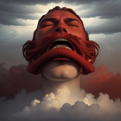 Surreal Red Face Exhaling Textured Clouds