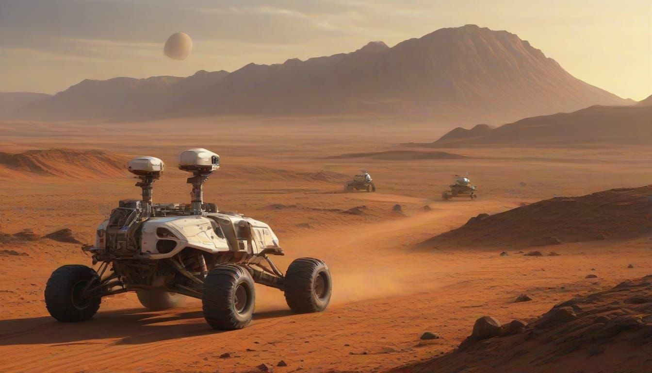 Futuristic Mars Colony and Rover Expedition in Rust-Hued Lan...