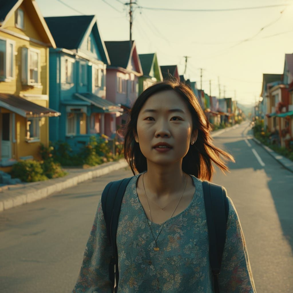 Asian Woman Walking in Vibrant Oil Painting