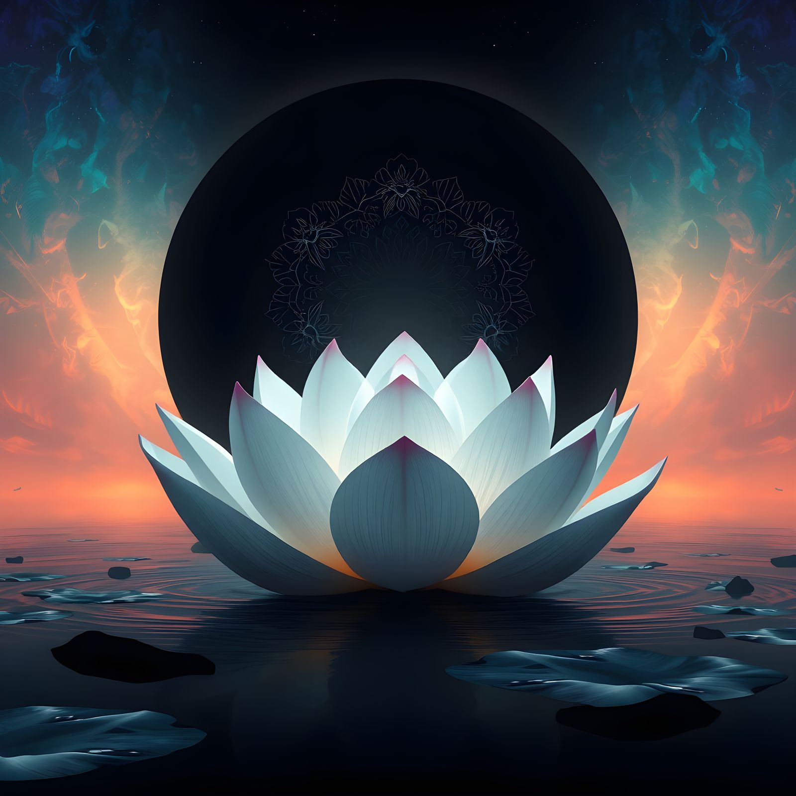 Mystical Lotus Blooms in a Sea of Inky Darkness
