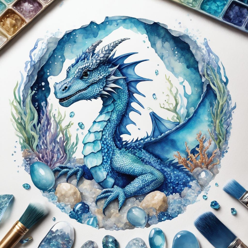 Baby Blue Sea Dragon Hatching: Watercolor Fantasy