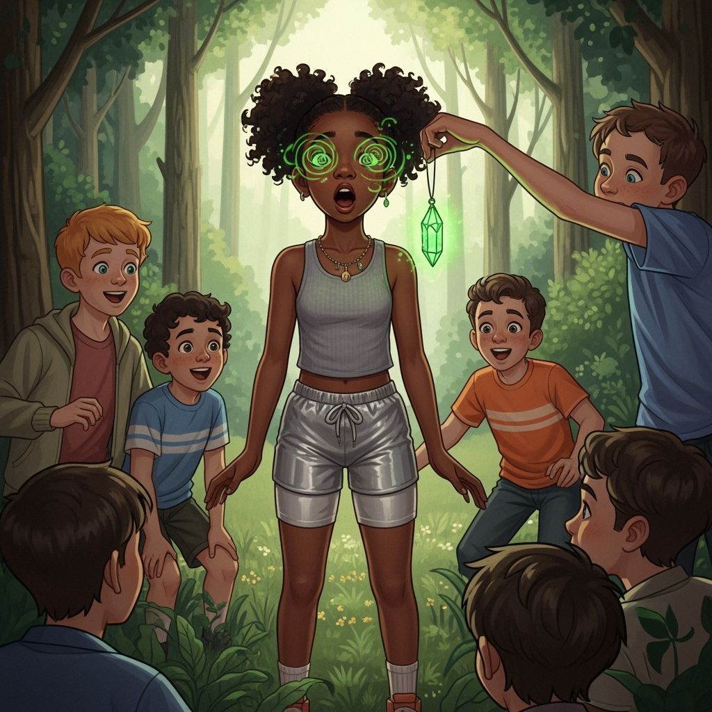 Girl Hypnotized by Crystal in Forest, Whimsical Art