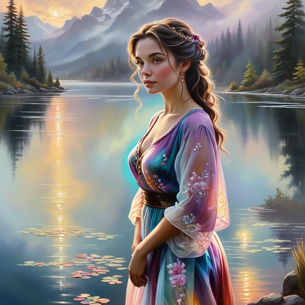 Woman Blends with Landscape in Renaissance Oil Painting