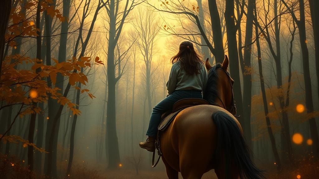 Horseback Rider in Mystical Forest: Golden Hour Oil Painting