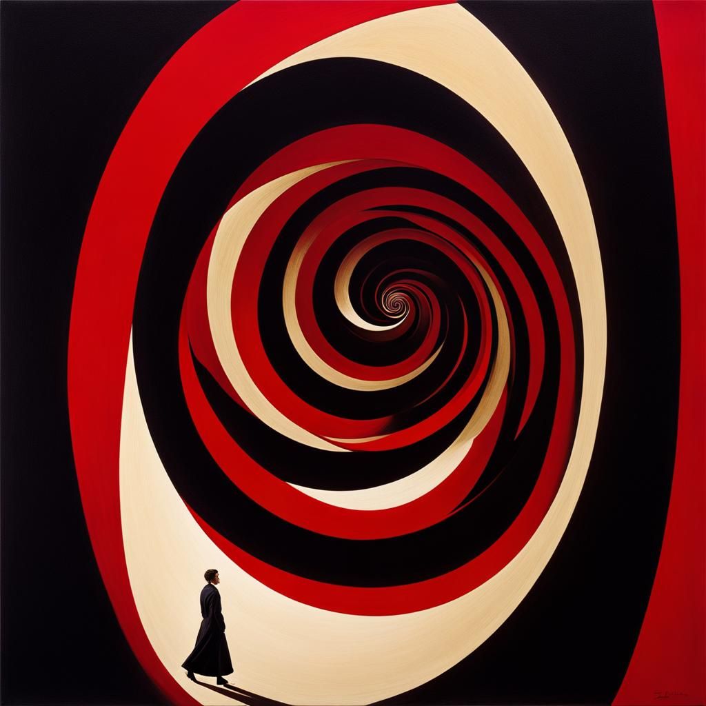 Lonely Figure Enters Red and Black Spiral