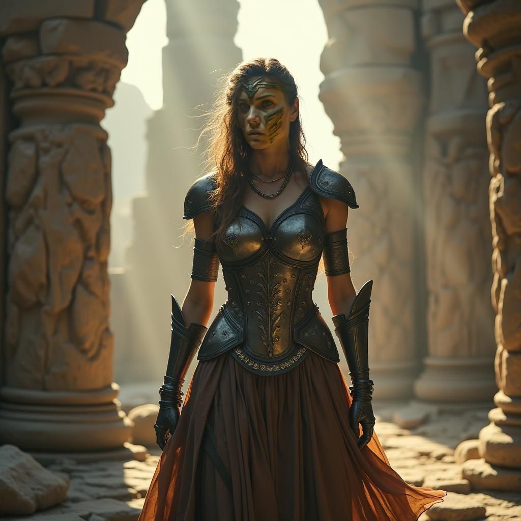 Alien-Human Warrior Exploring Ruins in Cinematic Style