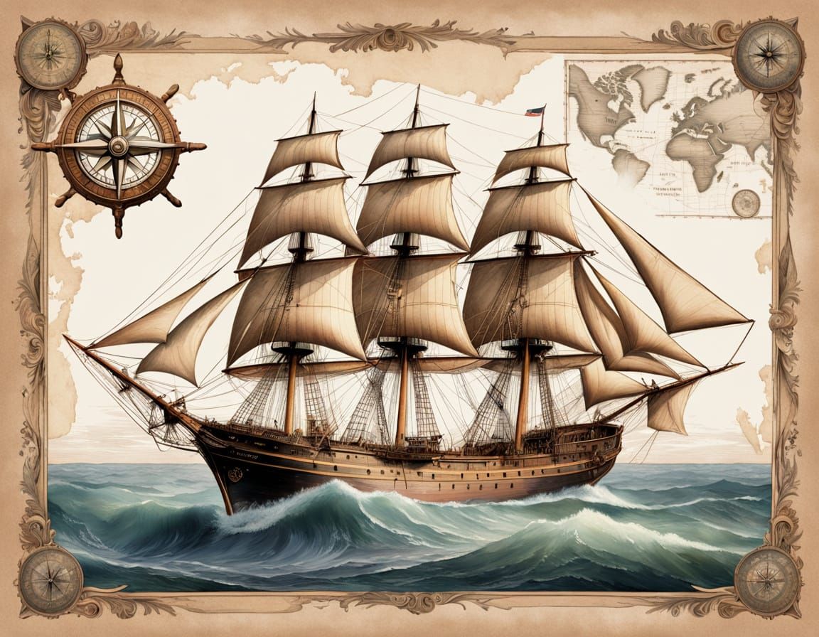 Vintage Sailing Ship on Antique World Map in Colored Pencil ...