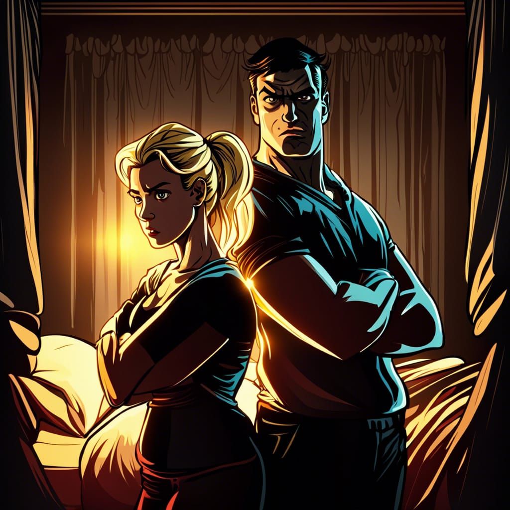 Angry Couple in Bedroom in Comic Style