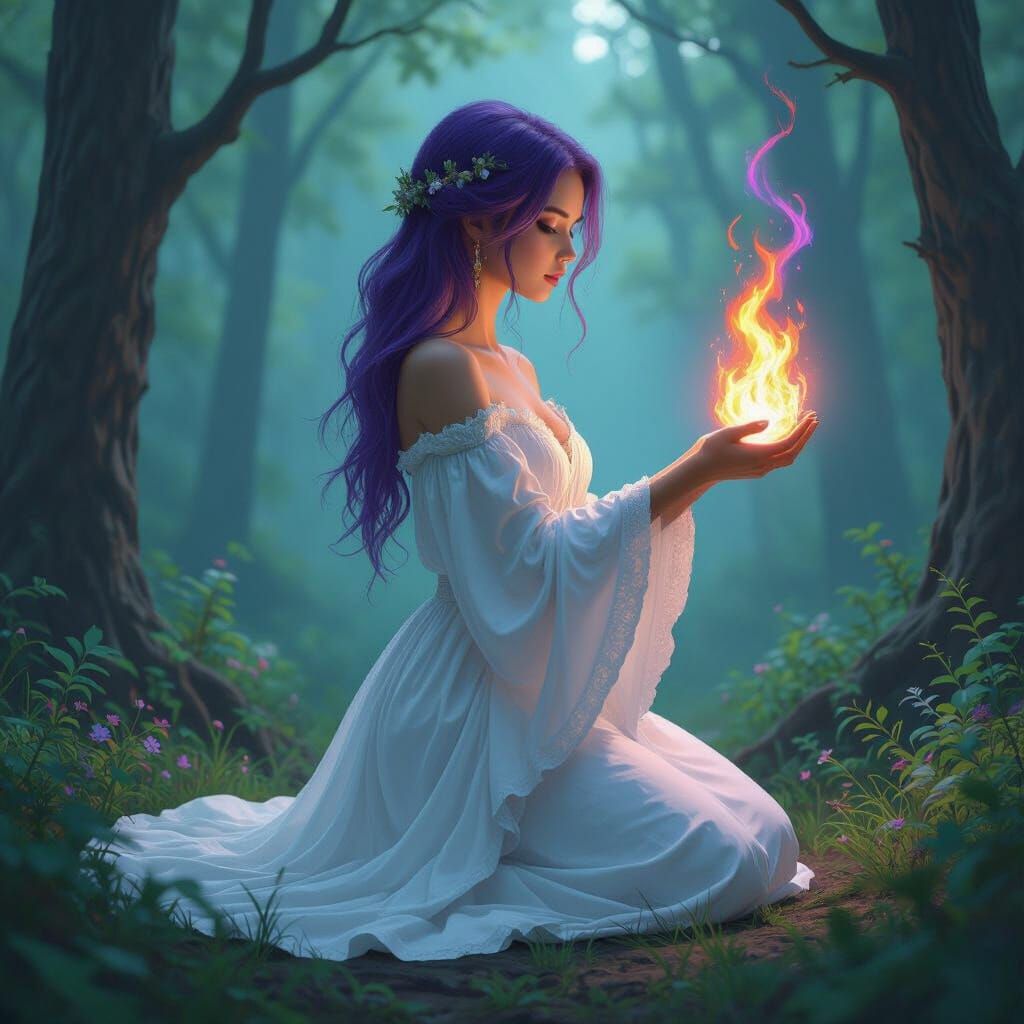 Girl with Rainbow Fire in Mystical Forest