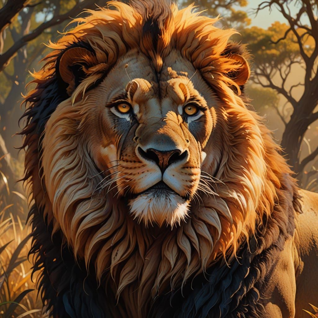 Regal Lion Dominates Vibrant Savannah in Hyperrealistic Conc...