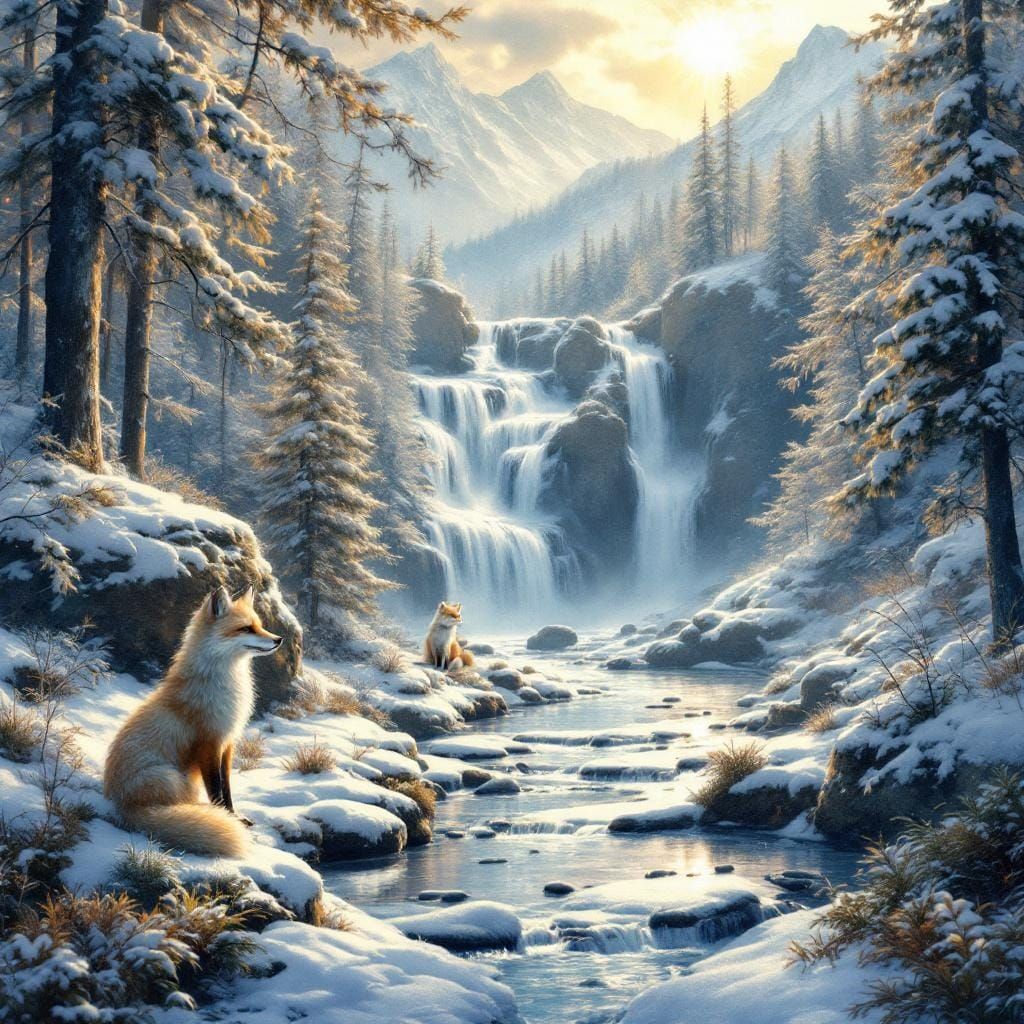 Arctic Foxes in Sparkling Winter Watercolor Landscape