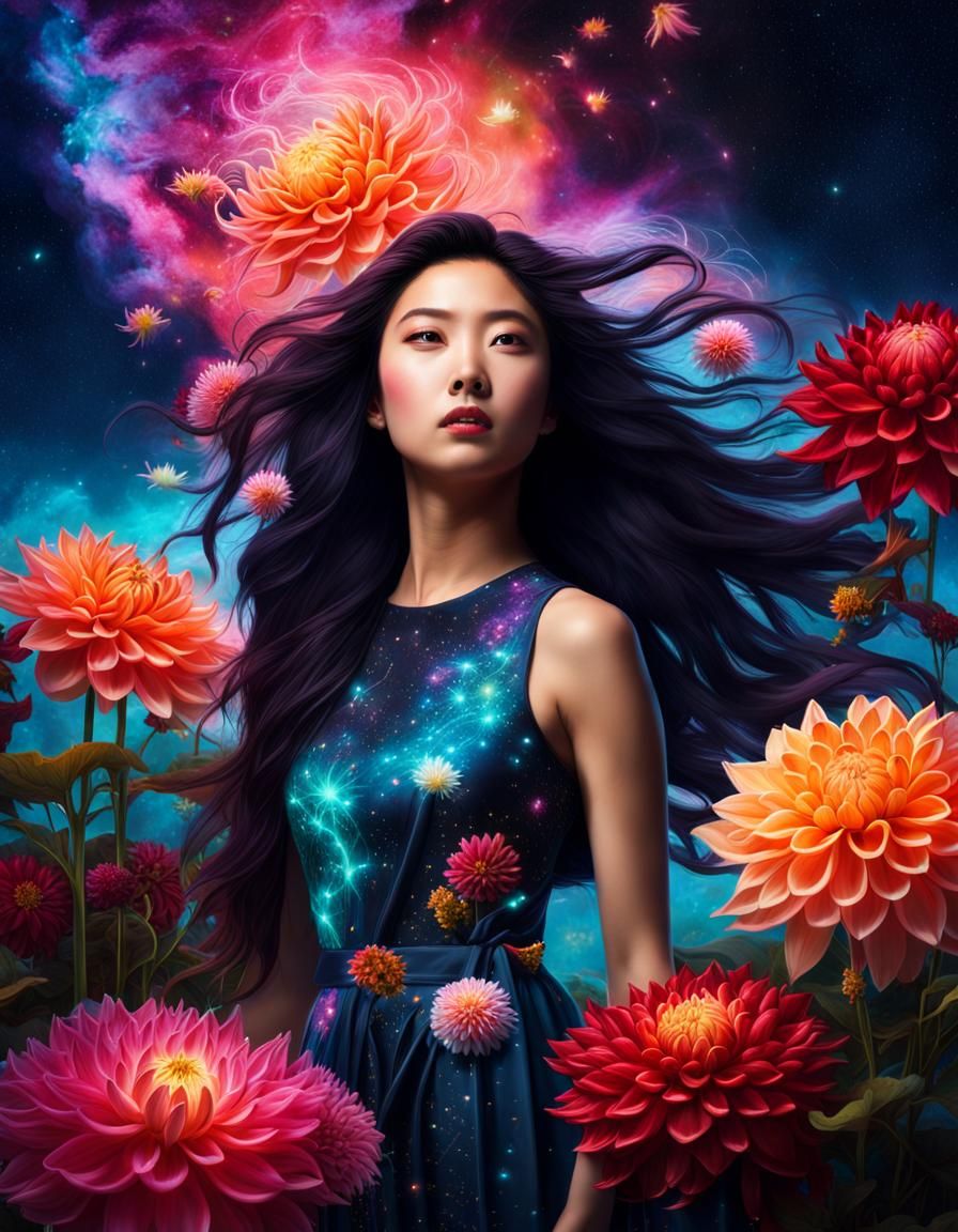A maximalist fantasy photograph overflowing with bioluminescent flora and fauna. A radiant Asian woman with flowing hair...