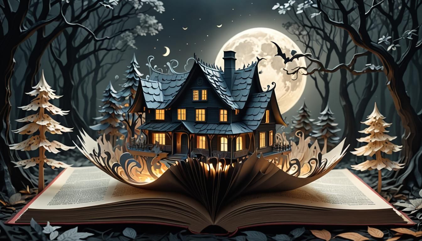 Surreal Pop Up Book Cauldron Emerges from Mystical Forest