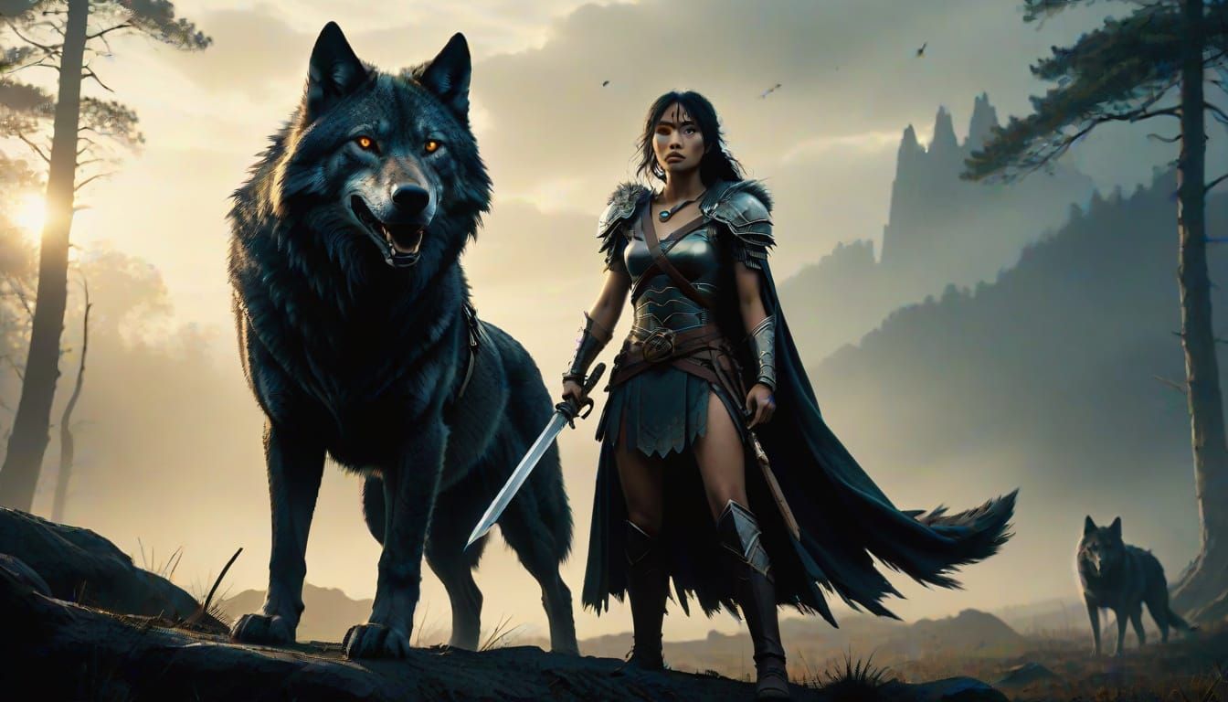 Amazon Warrior with Wolf in Misty Battlefield