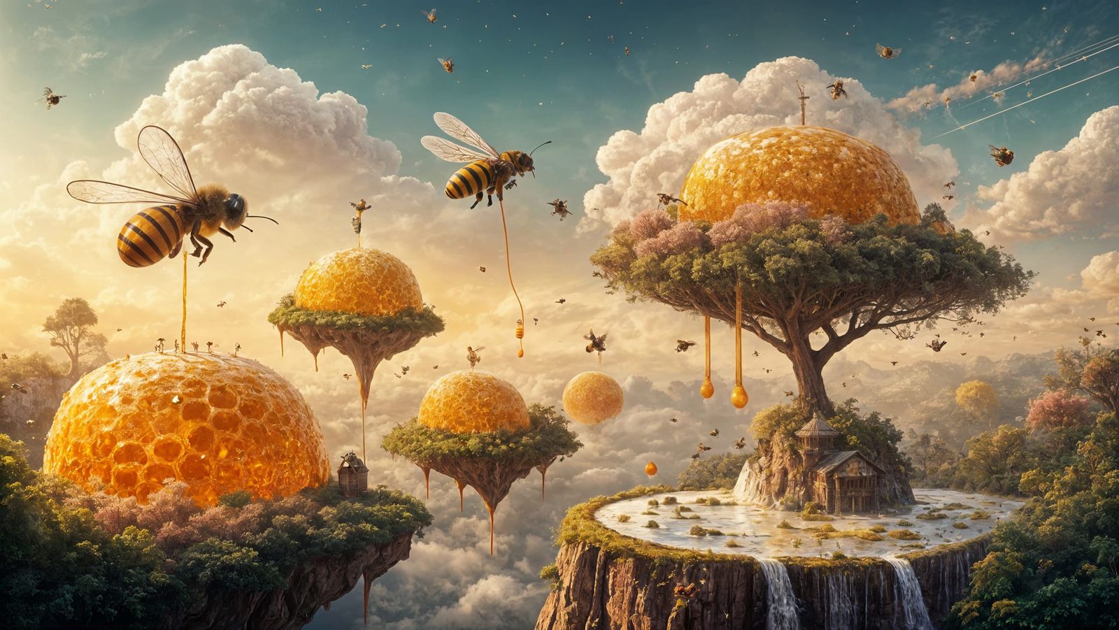 Surreal Honey Punk Dreamscape with Floating Honey Islands an...
