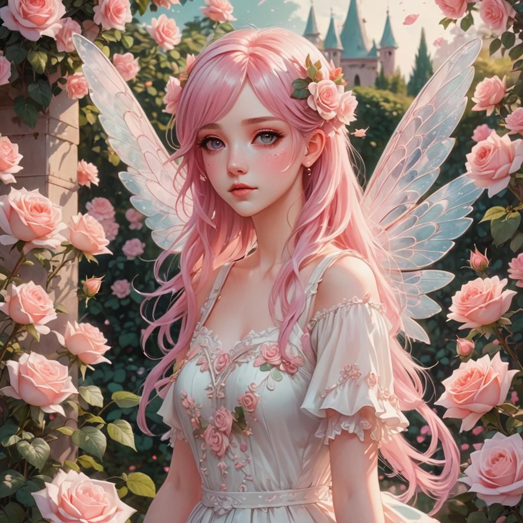 Anime Fairy Girl in Rose Garden, Pastel Art