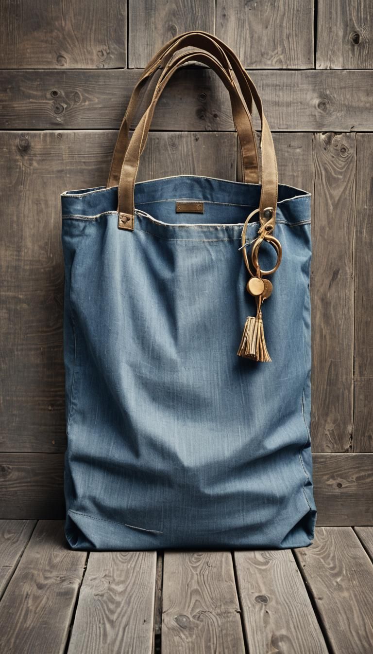 Jean Shopping Bag on Wooden Table: Hyper-Realistic Photo