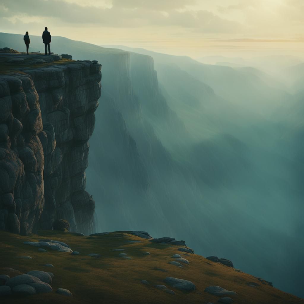 Mystical Figure Gazing at Misty Landscape in Golden Light