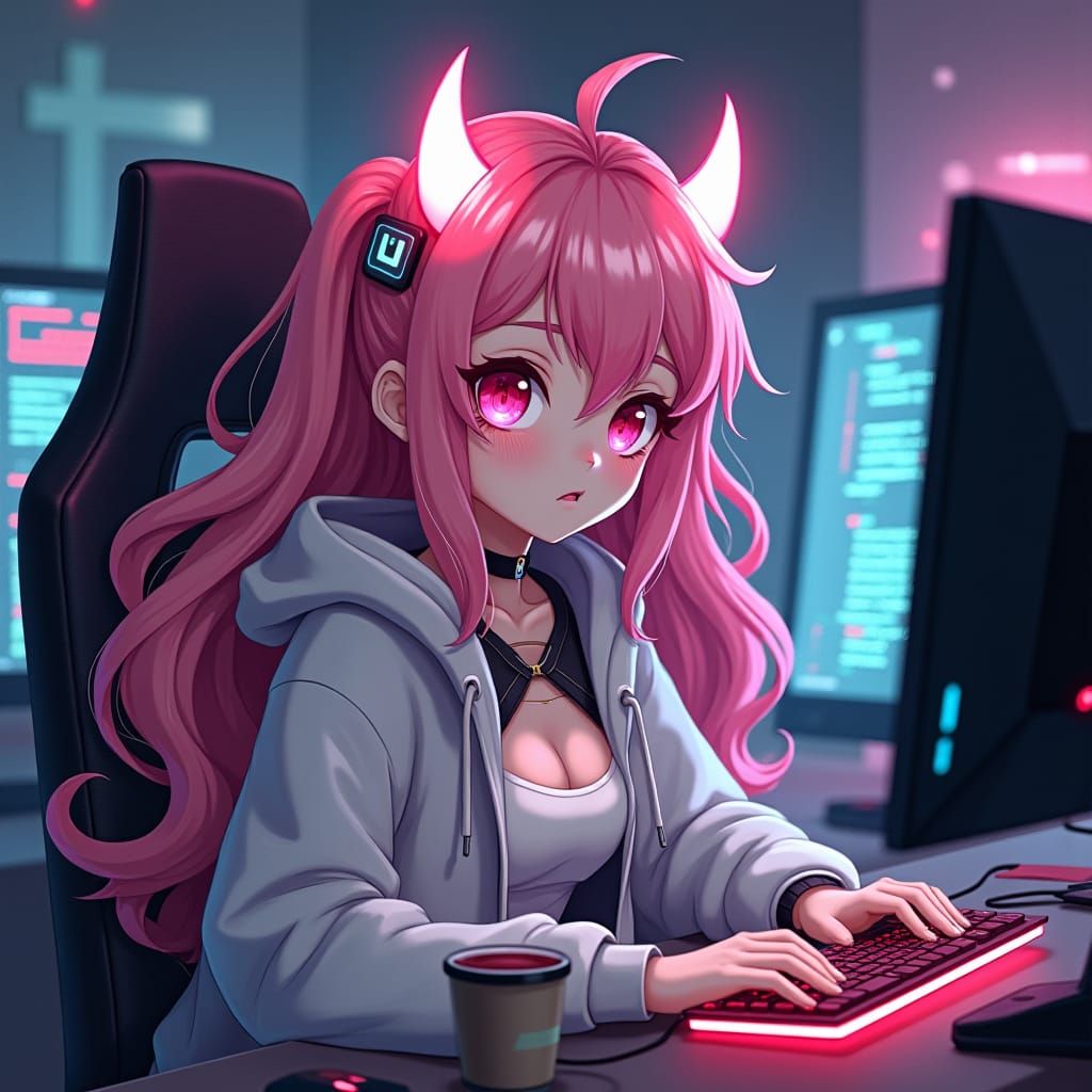 Cyberpunk Girl Coder with Pink Hair and Glowing Horns