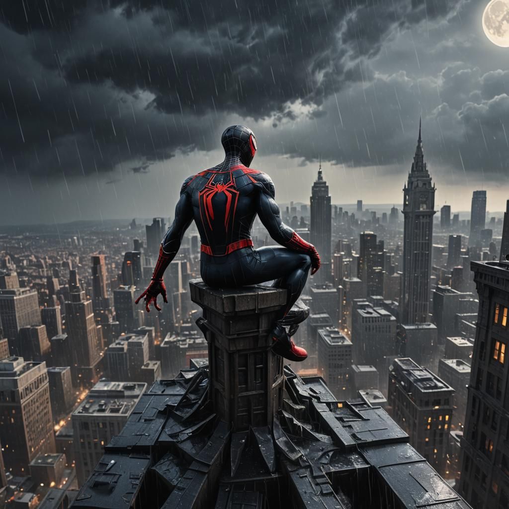 Spider-Man in Rain on Skyscraper, 3D Render