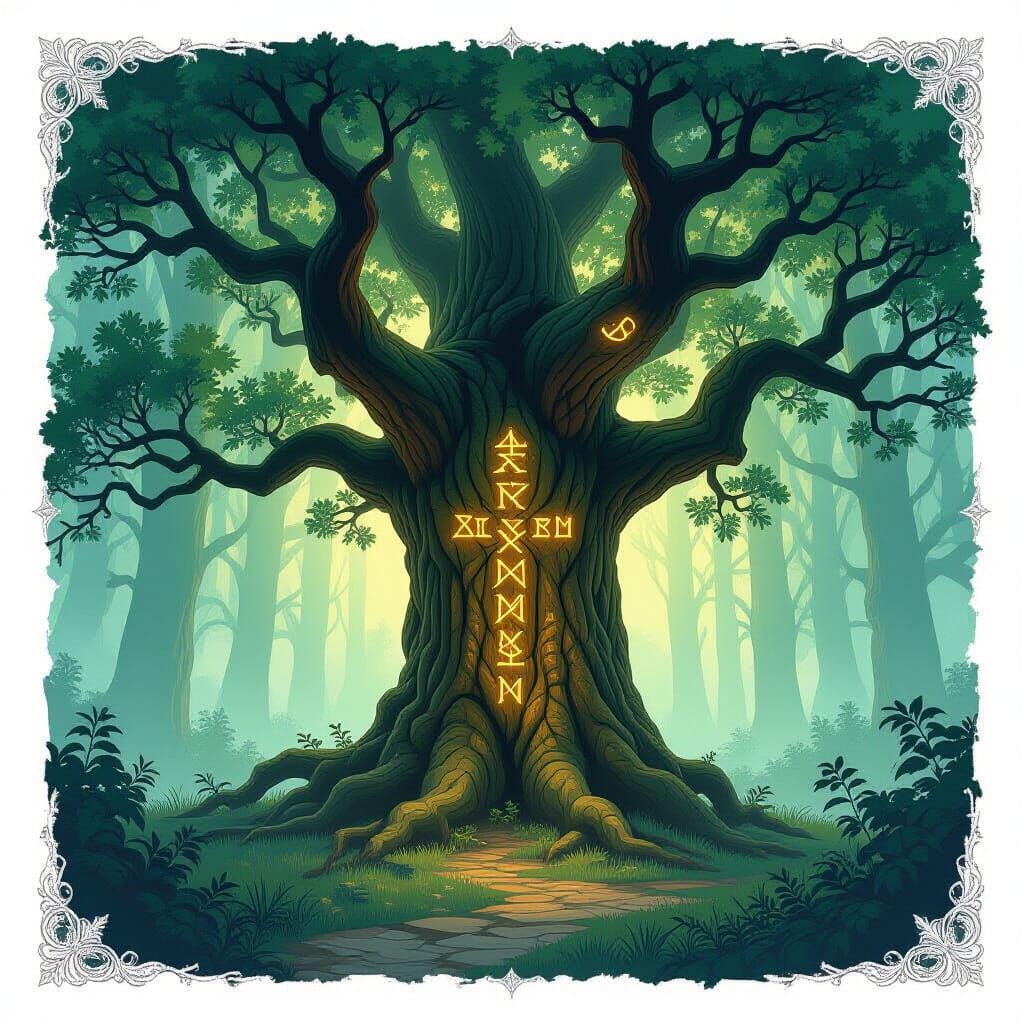 Ancient Oak with Glowing Runes in Misty Forest Clearing