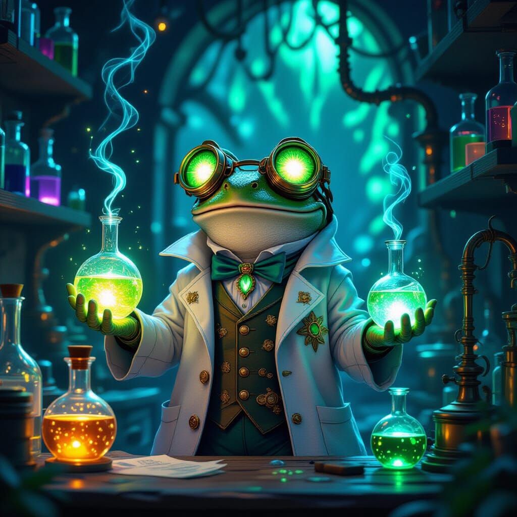 Bioluminescent Frog Alchemist in Mystical Lab