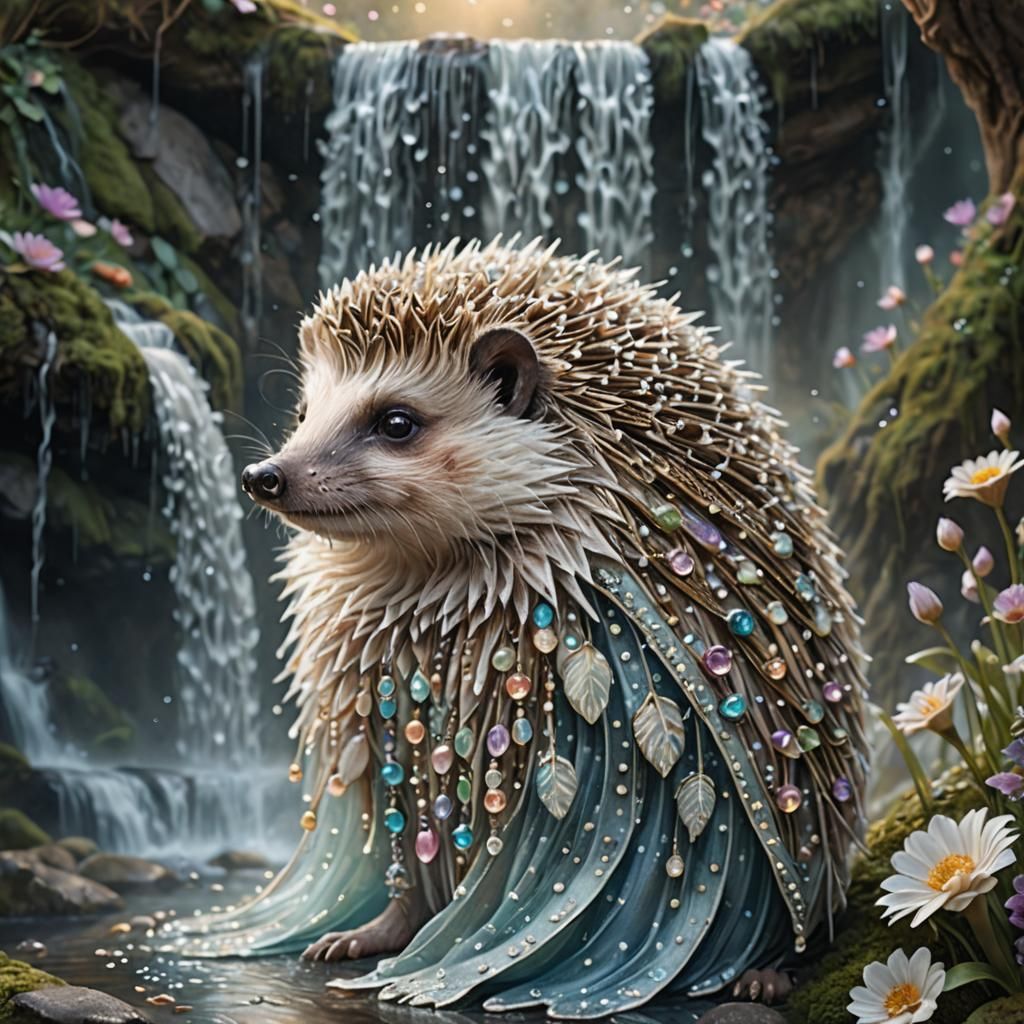 Hedgehog Priestess Under Waterfall: Fantasy Illustration