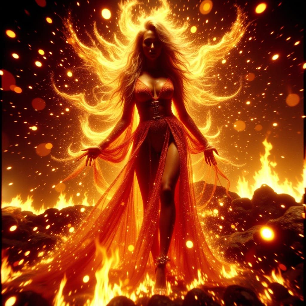 Ethereal Fire Goddess in Hypermaximalist Style