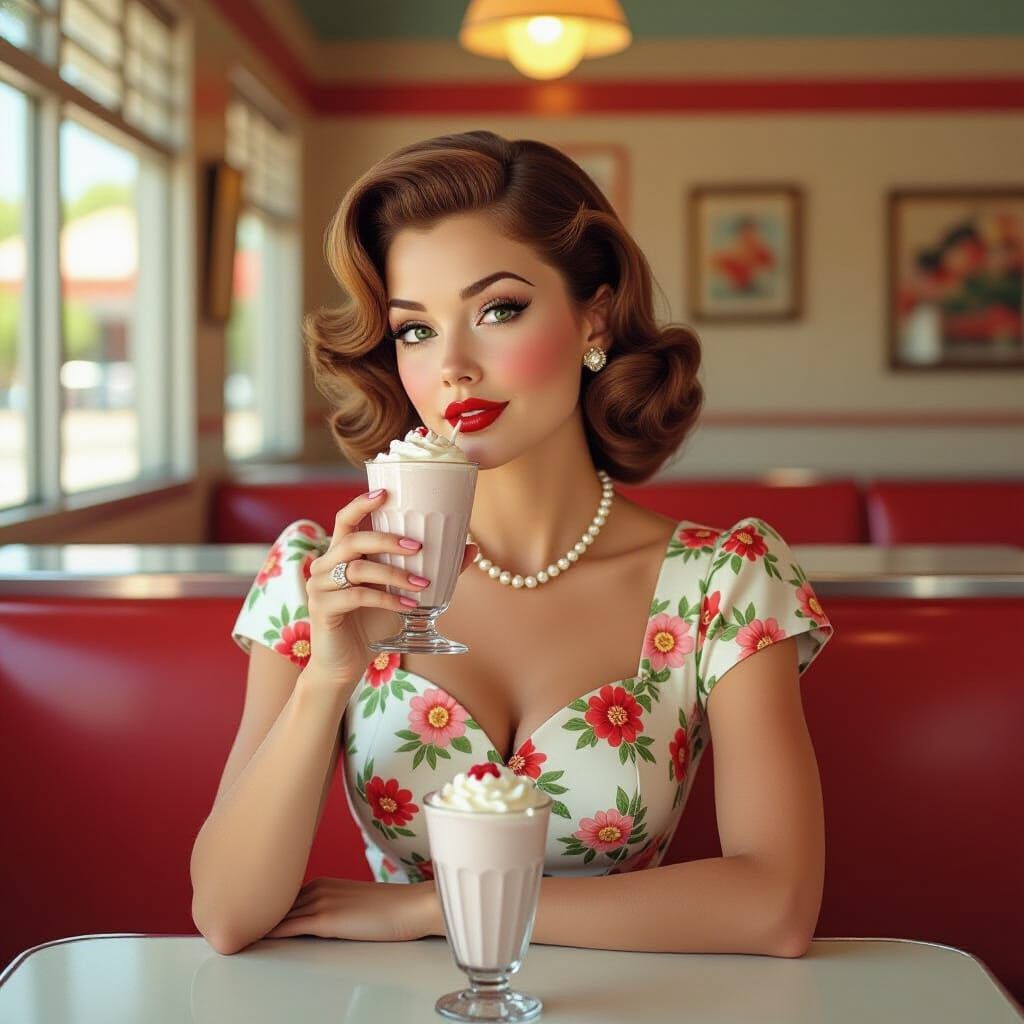 Vintage Woman at Diner in Pop Surrealist Style