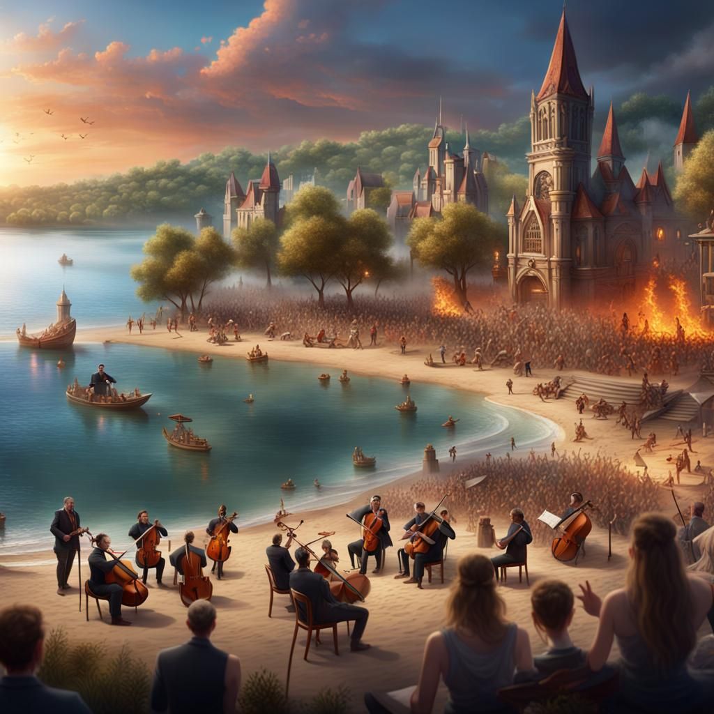 Orchestra Plays as Town Burns: Detailed Matte Painting