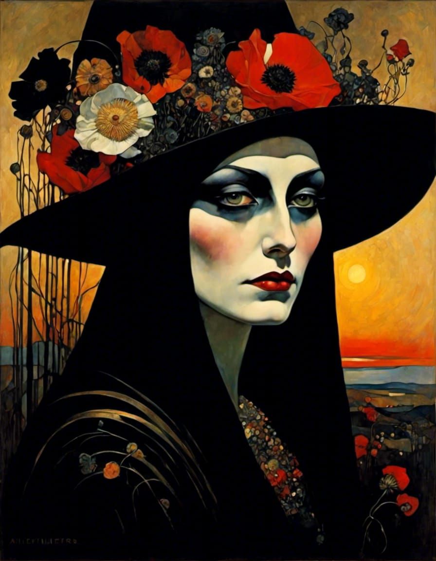 Witch Portrait with Golden Shimmer, Illustration Art