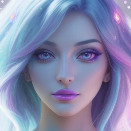 Ethereal beauty young lady with multi chromatic wavy holographic crystal blue hair with holographic lavender purple high...