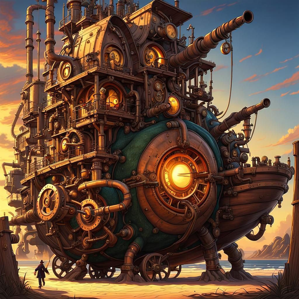 Steampunk Turtle Walking on Beach at Sunset