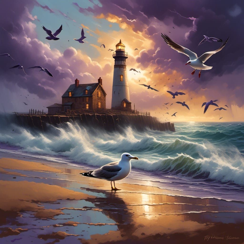 Seagull in Seaside Storm at Golden Hour