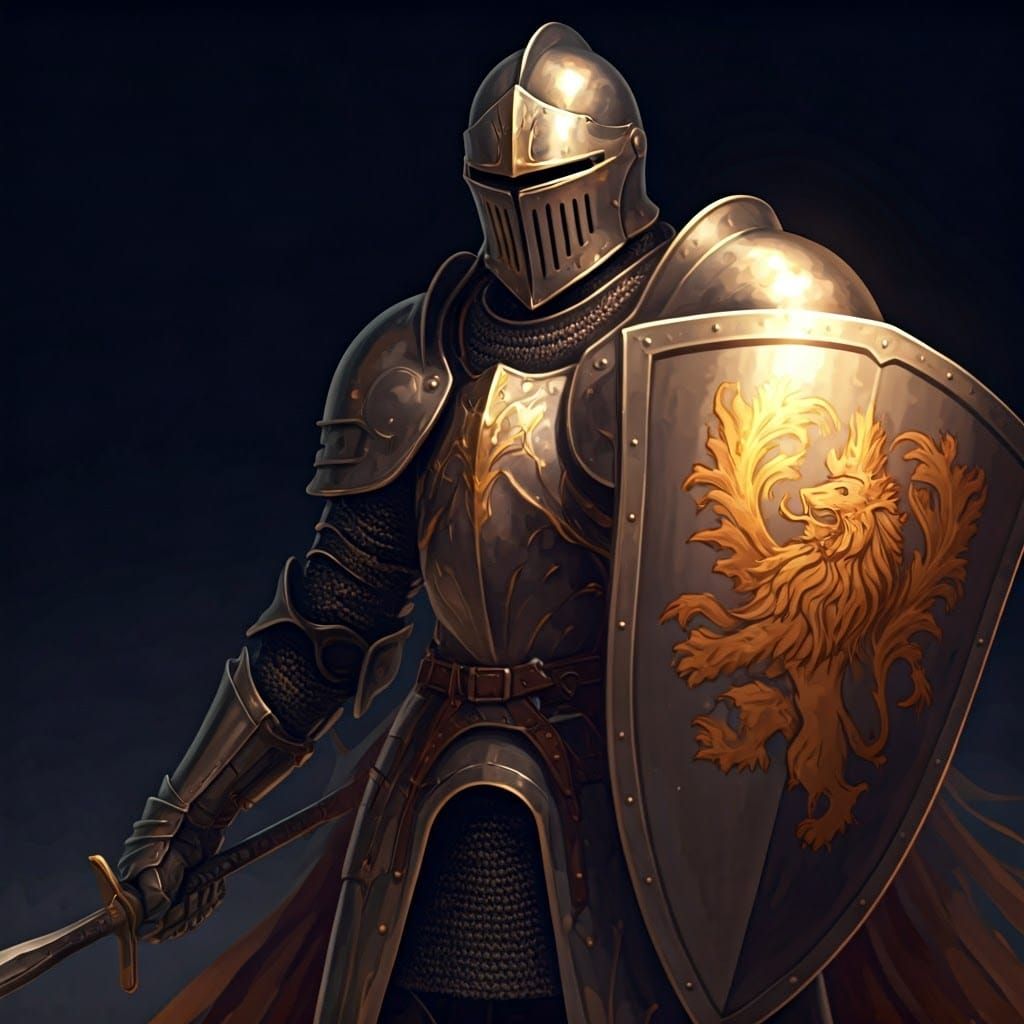 Armored Knight with Lion Shield, Anime Style