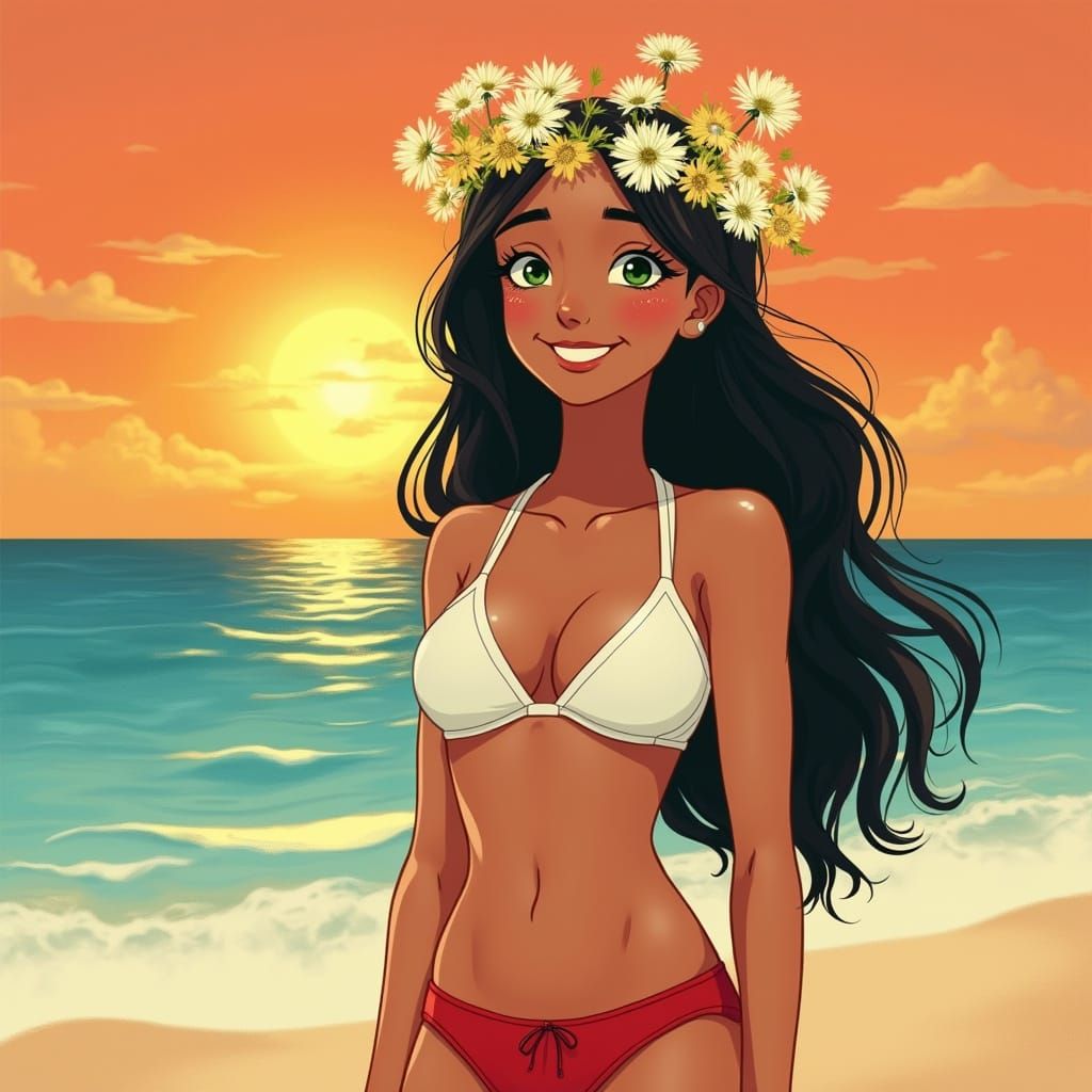 Woman on Beach in Classic Animation Style