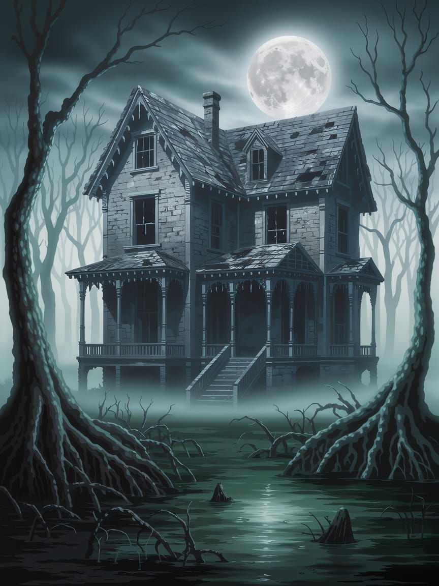 Eerie Victorian House in Swampy Forest Digital Painting