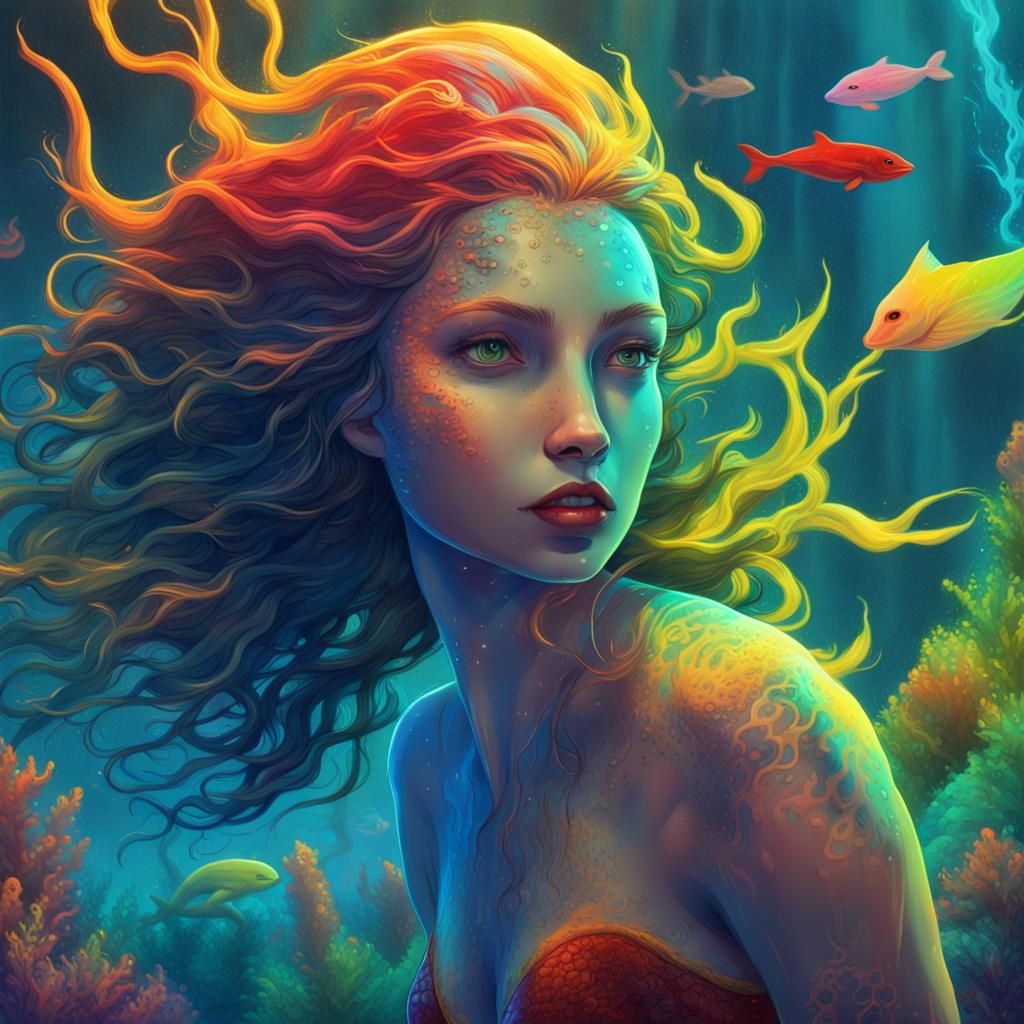Swimming Mermaid in Neon Underworld: Fantasy Graffiti Art