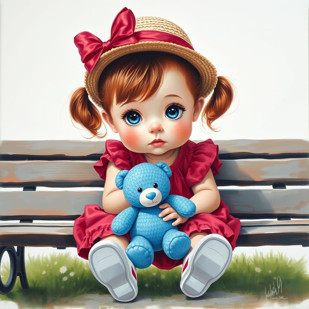 Girl with Pigtails and Teddy Bear in Whimsical Style
