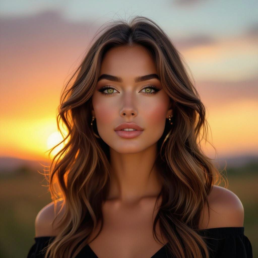 Sunset Silhouette: Woman with Flowing Hair in Art Nouveau St...