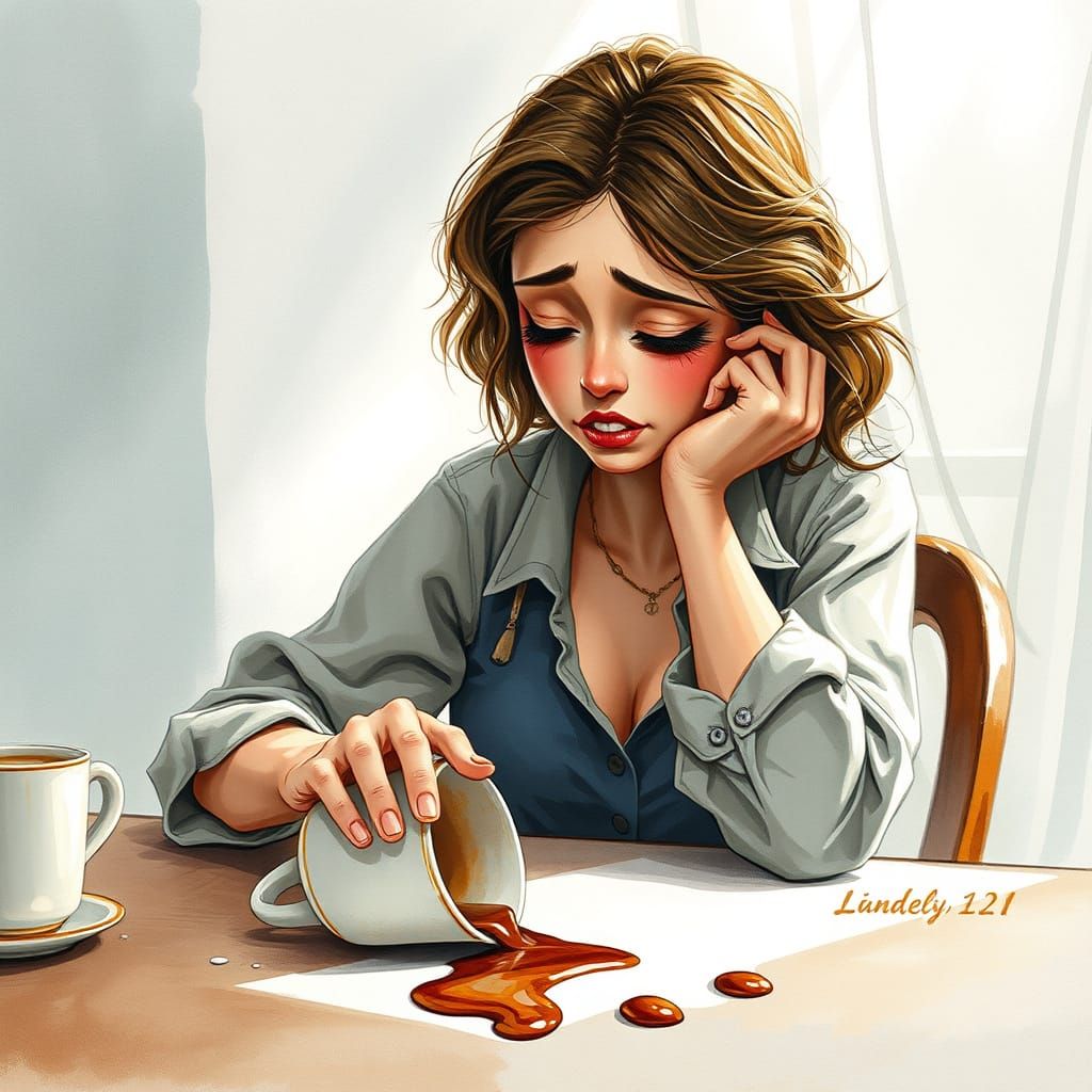 Sleepy Woman Spills Coffee in Surreal Watercolor Morning Sce...