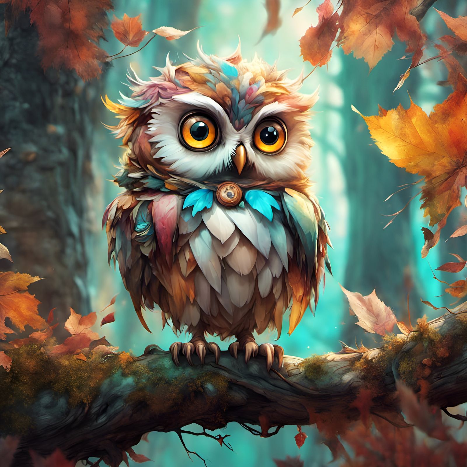 Chibi Owl Portrait in Autumn Fantasycore Style