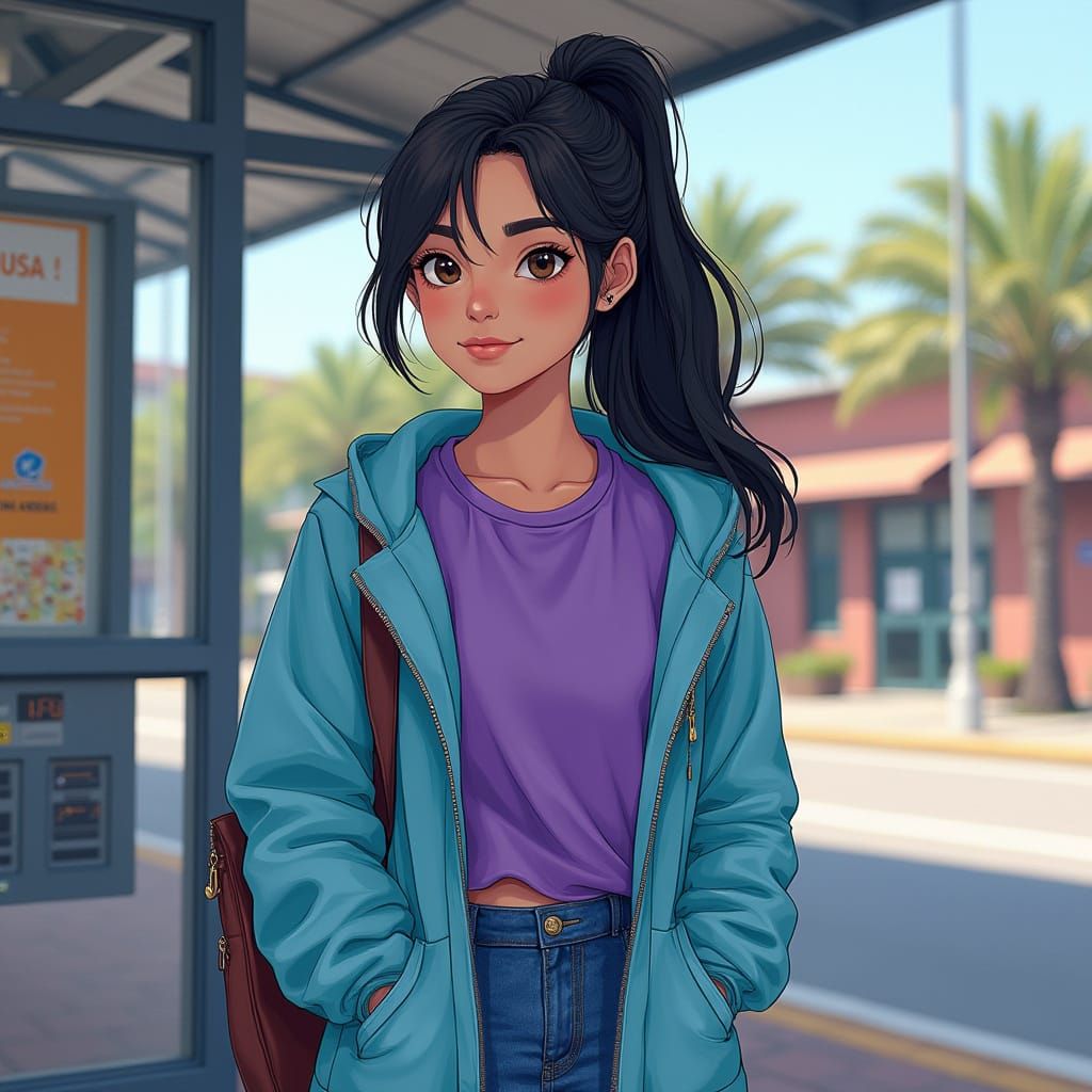 Hyper-Realistic Portrait of a Spanish Student at Bus Stop