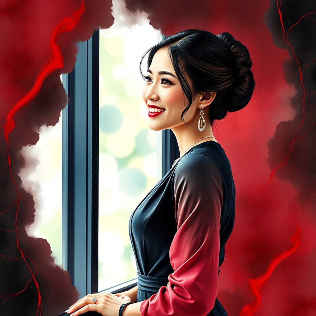 Thai Woman in Watercolour Style with Marble Background