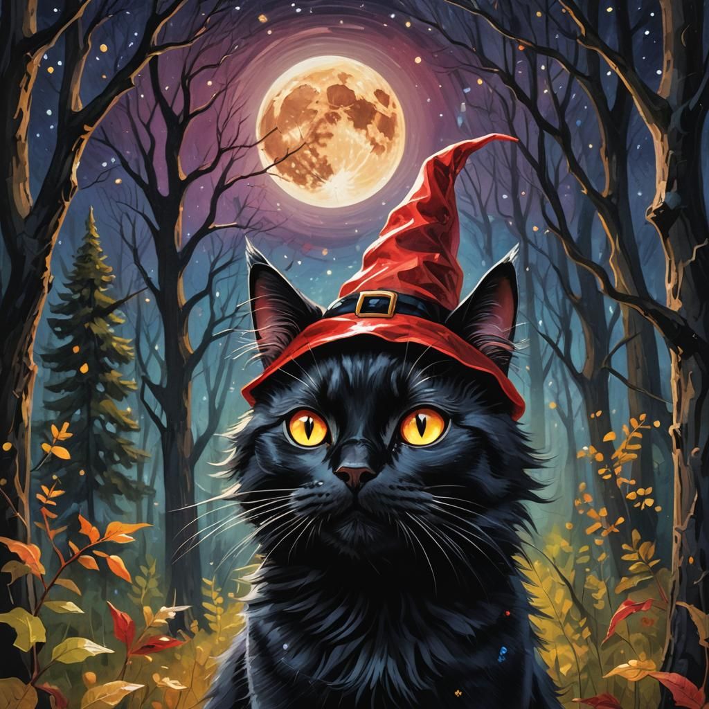 Cartoon Black Cat in Witch Hat Pop Art