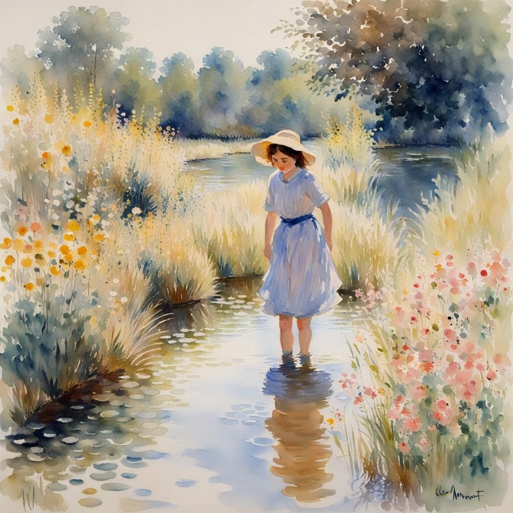 Girl Wading in Creek as Watercolor Painting