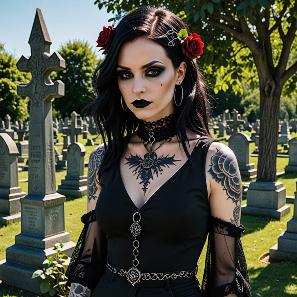 Goth Chic Goddess Basks in Cemetery Radiance