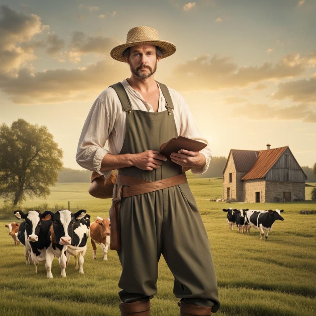 Renaissance Farmer with Cows on Farm